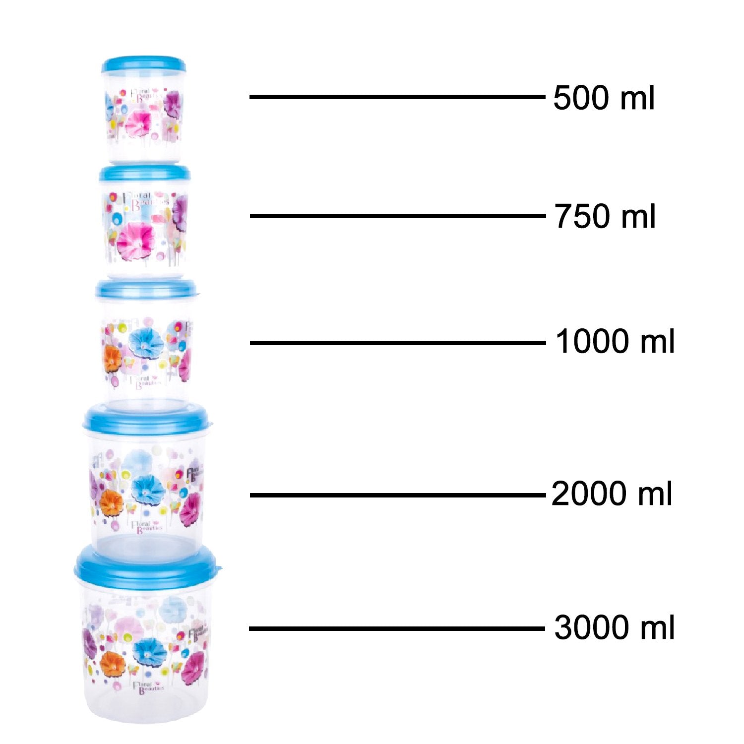 2446 Plastic Transparent Container Air Tight Dabba Set (3000ml 2000ml 1000ml 750ml 500ml) - Springkart 