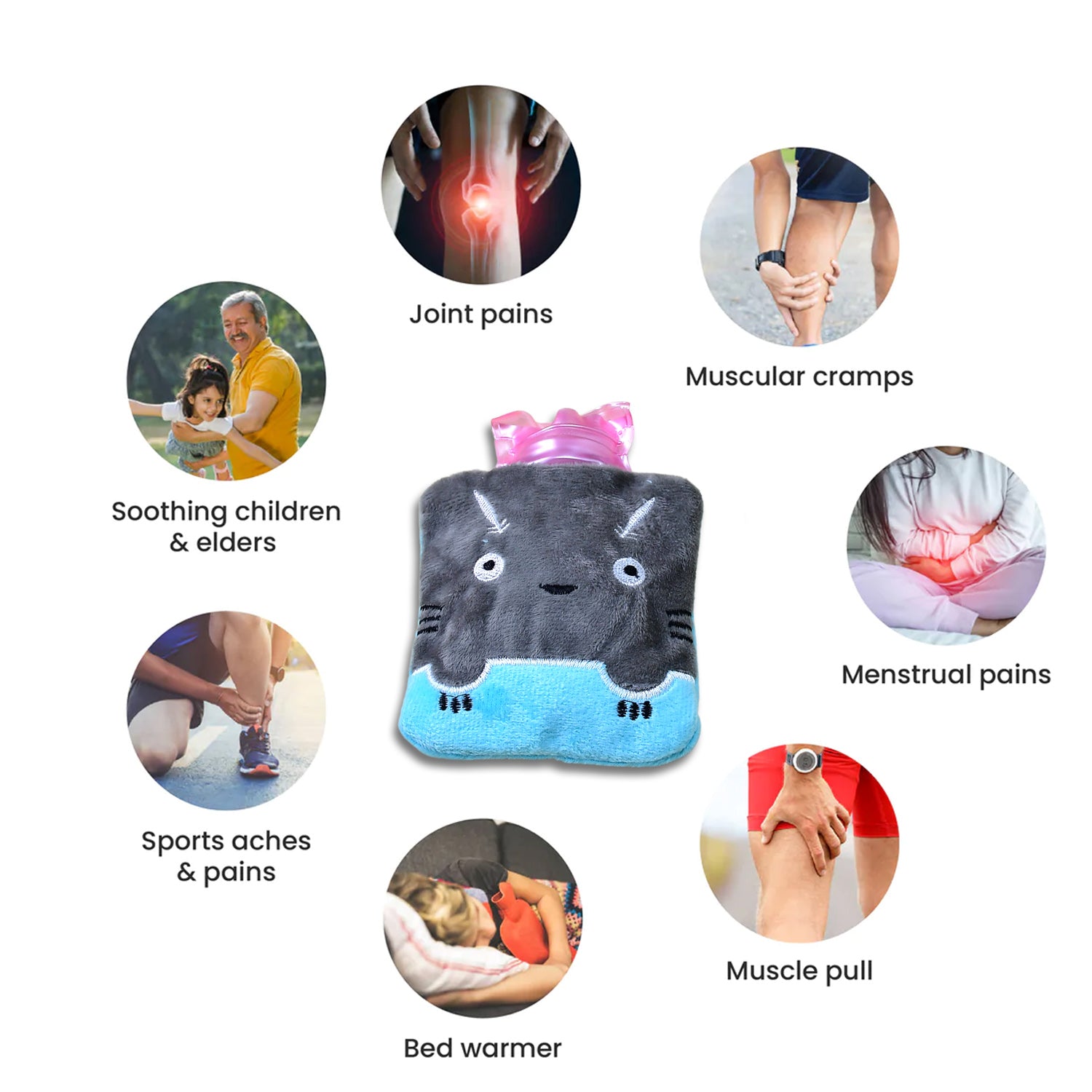 6528 Grey Cat Print Small Hot Water Bag With Cover For Pain Relief Neck Shoulder Pain And Hand Feet Warmer Menstrual Cramps. - Springkart 