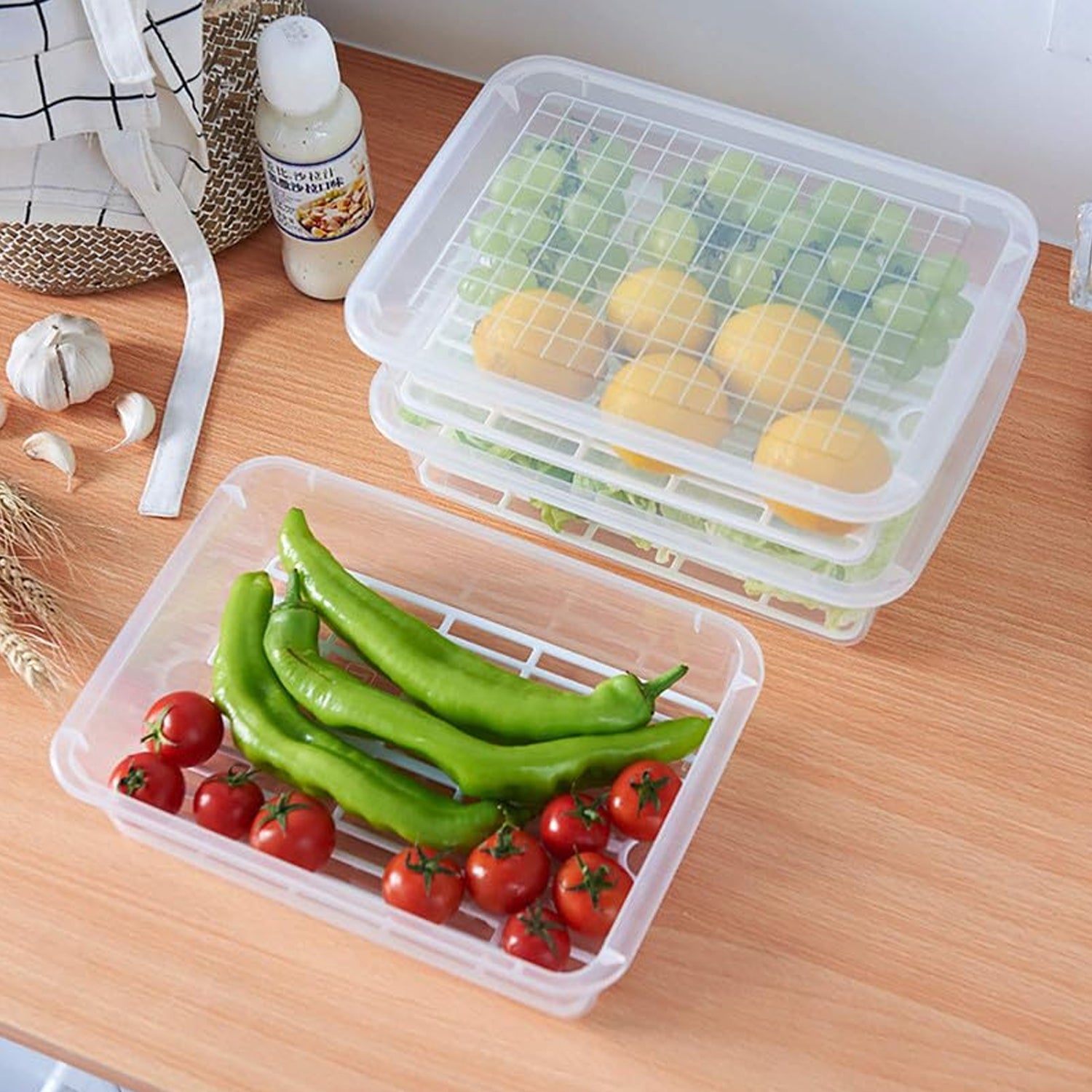 Plastic Food Storage Containers With Removable Drain Tray And Lid (3 Pcs Set) - Springkart 