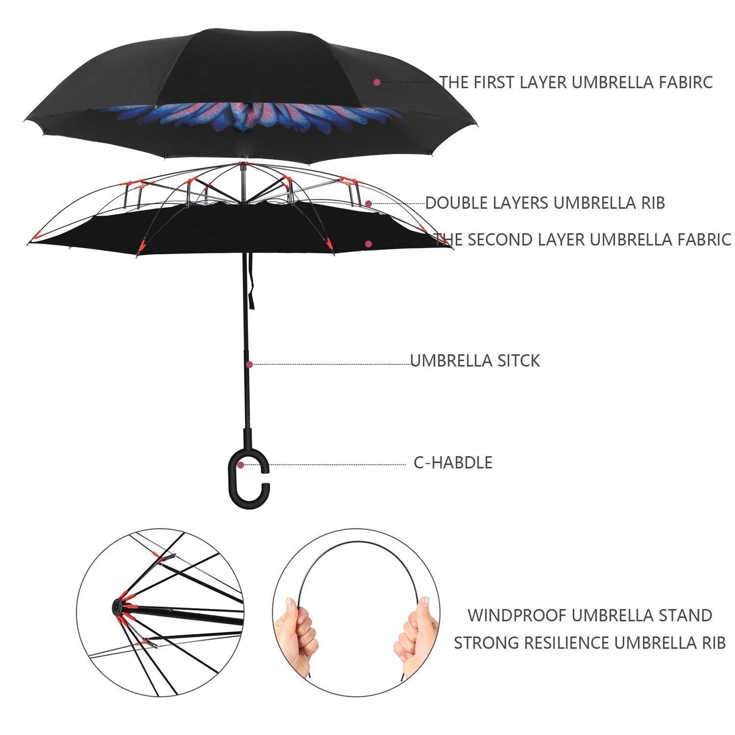 6211 Plain Design Windproof Upside Down Reverse Umbrella With C-shaped Handle - Springkart 