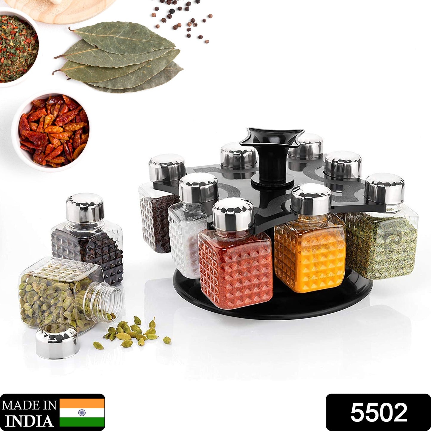 5502 All New Square 8 Bottle Design 360 Degree Revolving Spice Rack Container Condiment Pieces Set Square Small Container - Springkart 
