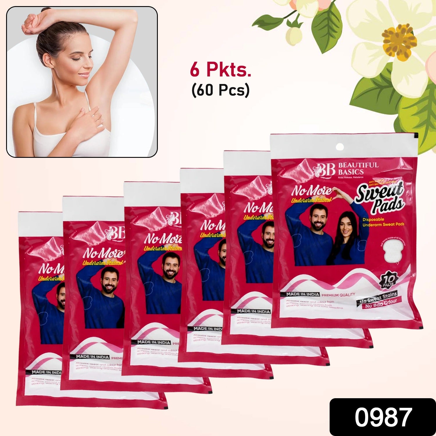 Beautiful Basics Underarms Sweat Pads Disposable (Pkts 6x 60 Pcs Set) - Springkart 