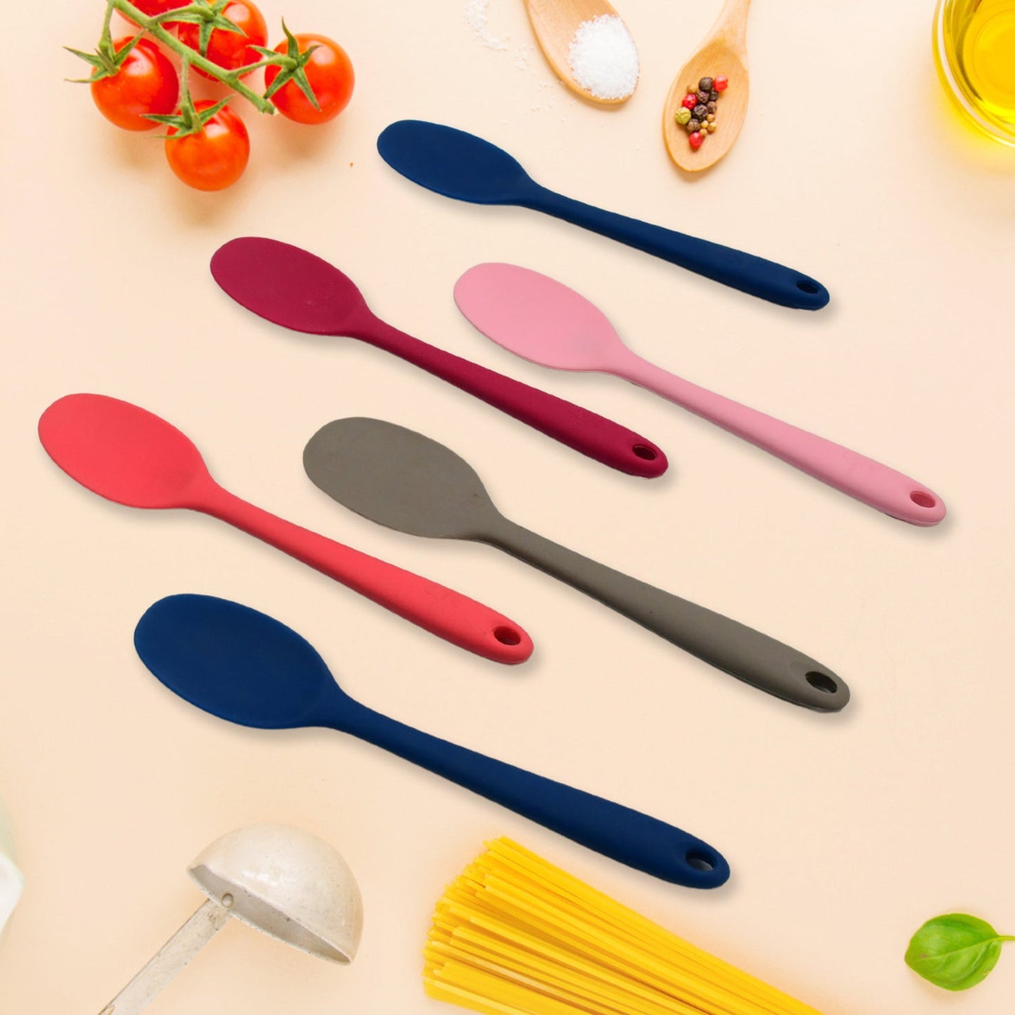 Multipurpose Silicone Spoon, Silicone Basting Spoon Non-Stick Kitchen Utensils Household Gadgets Heat-Resistant Non Stick Spoons Kitchen Cookware Items For Cooking and Baking (6 Pcs Set) - Springkart 