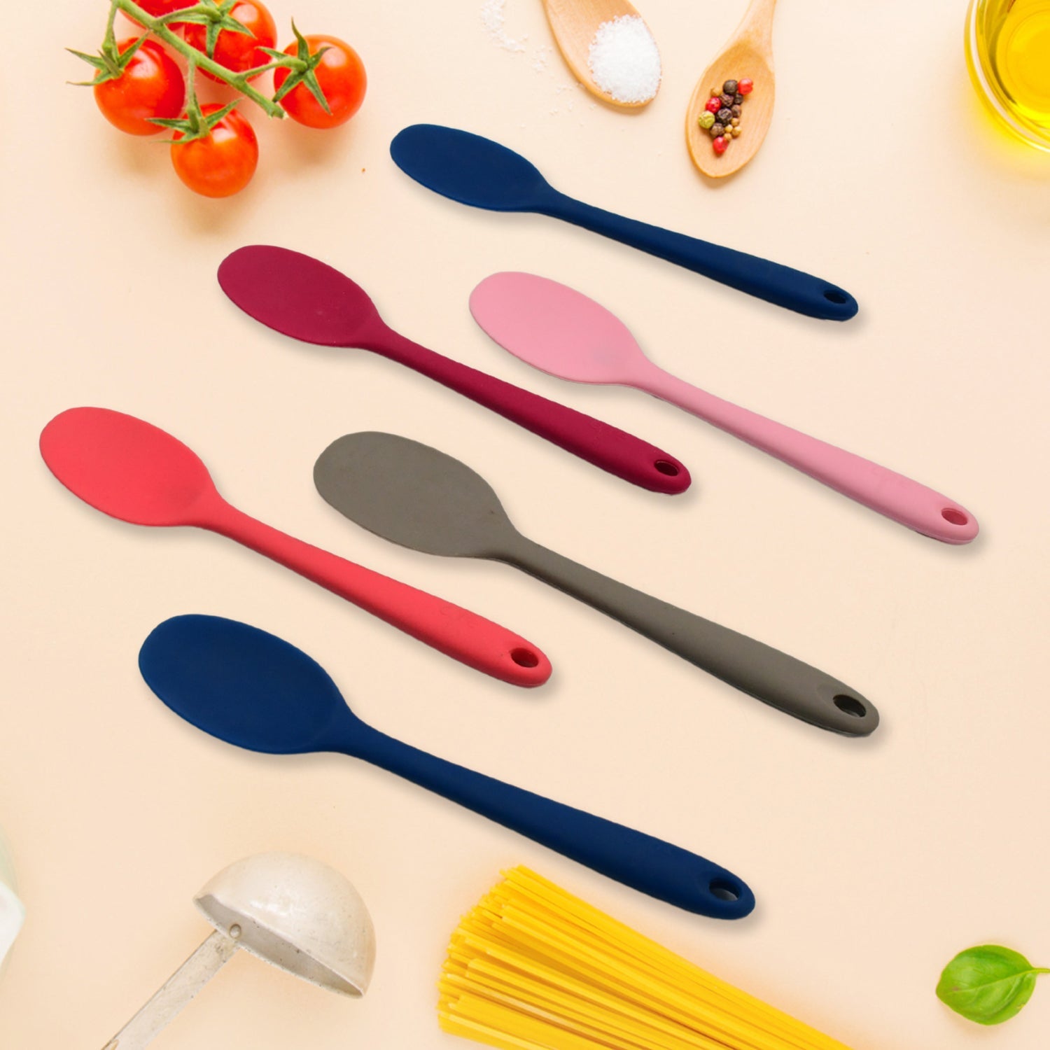 Multipurpose Silicone Spoon, Silicone Basting Spoon Non-Stick Kitchen Utensils Household Gadgets Heat-Resistant Non Stick Spoons Kitchen Cookware Items For Cooking and Baking (6 Pcs Set) - Springkart 