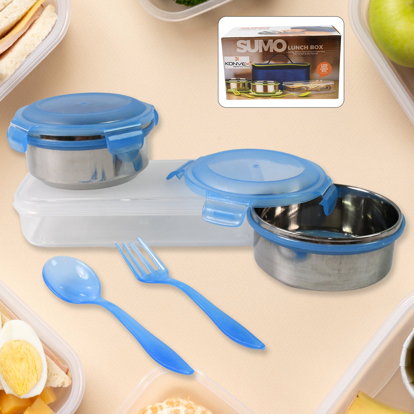 Sumo Lunch Box With Lunch Bag Plastic Lunch Box Plastic Spoon Fork (2 Pc Set With Lunch Box) - Springkart 