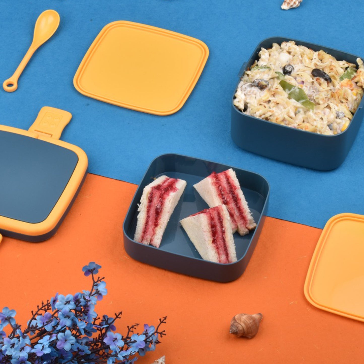 2868 Blue Double-layer Portable Lunch Box Stackable With Carrying Handle And Spoon Lunch Box - Springkart 