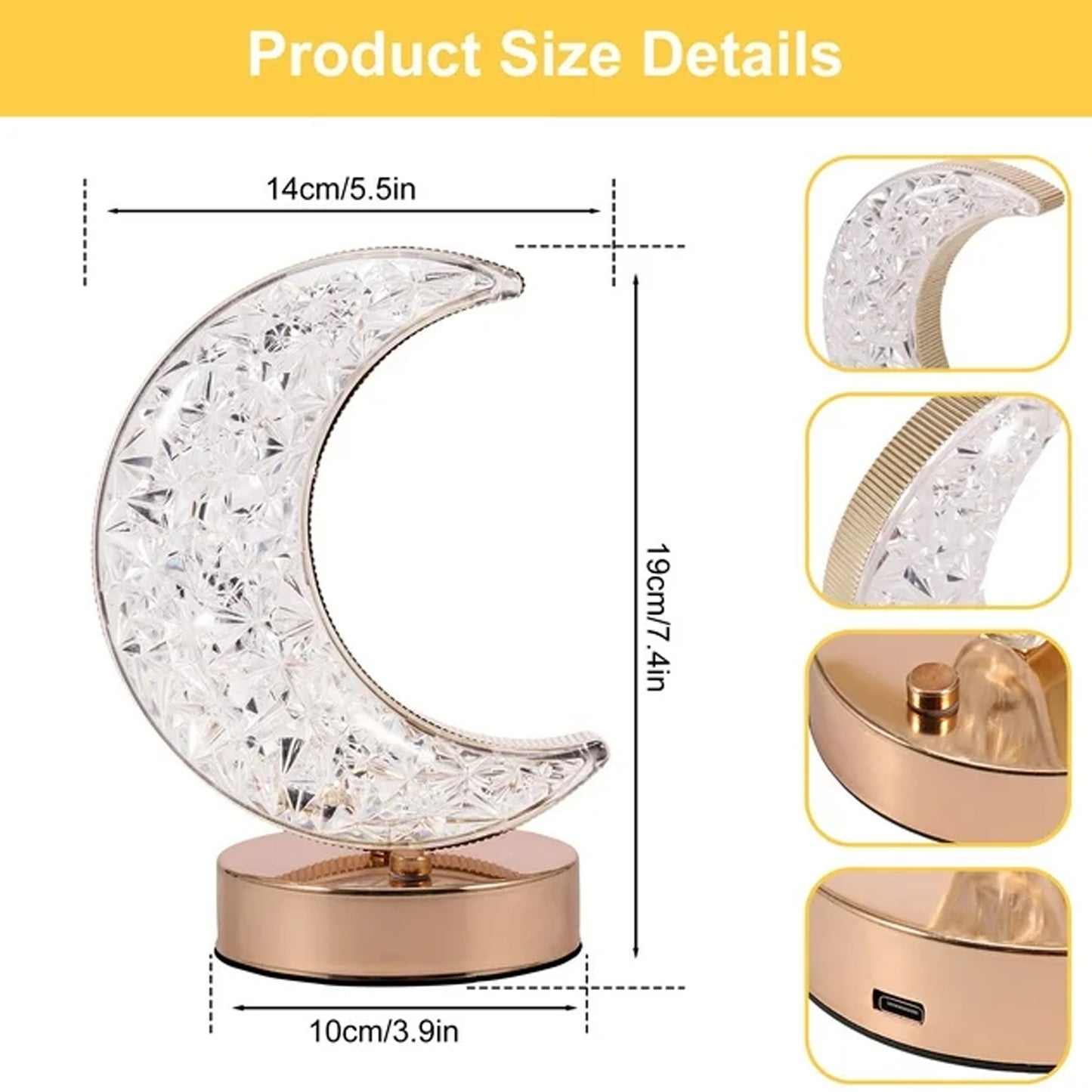 12570 Crystal Table Lamp Moon Shape Touch Control Lamp With 3 Color Metal Bedside Lamp For Kids Bedroom Romantic Desktop Nightstand Stepless Dimming Usb Charging Touch Night Light - Springkart 