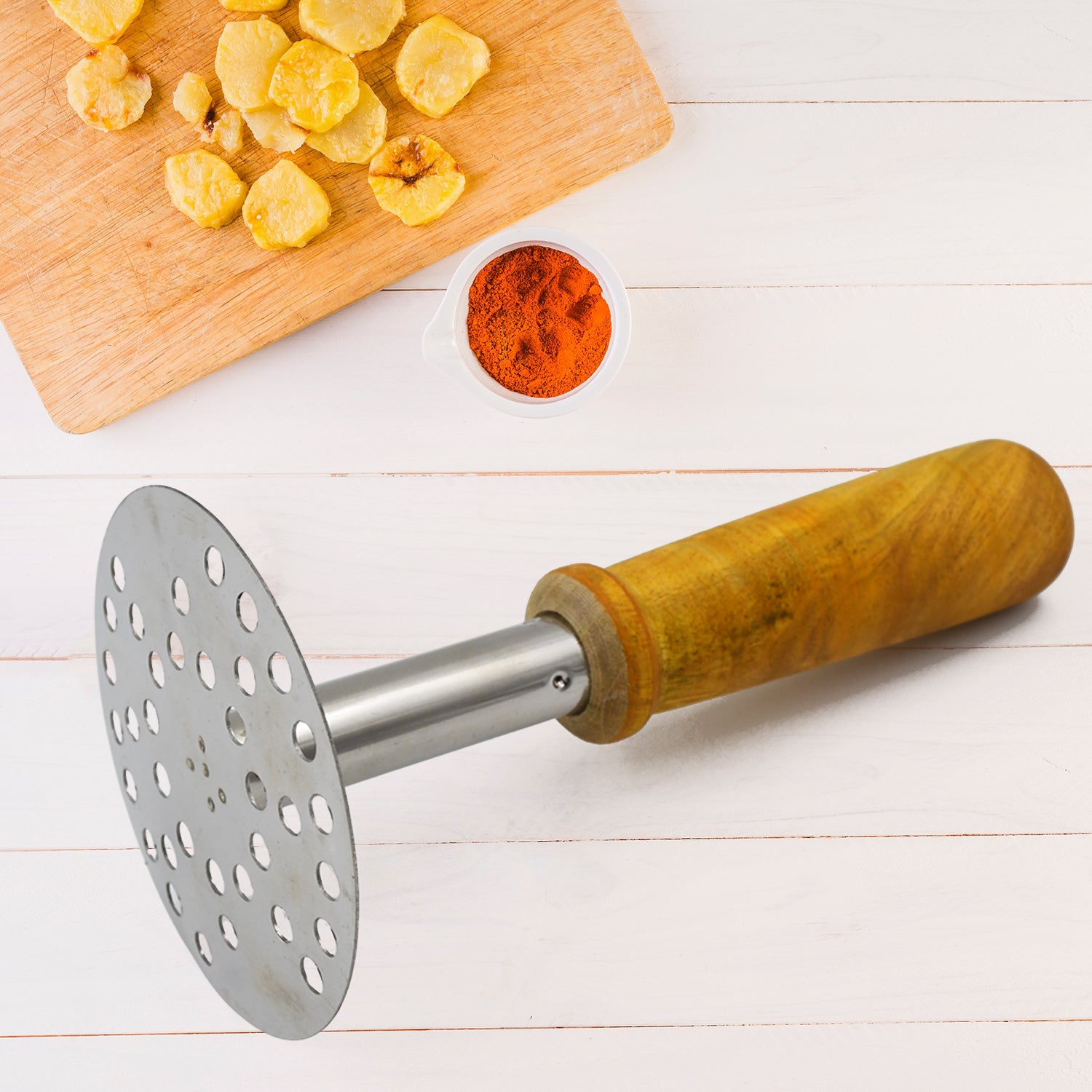 High Grade Stainless Steel Potato Masher Paubhaji Pav Bhaji Masher With Wooden Handle (1 Pc) - Springkart 