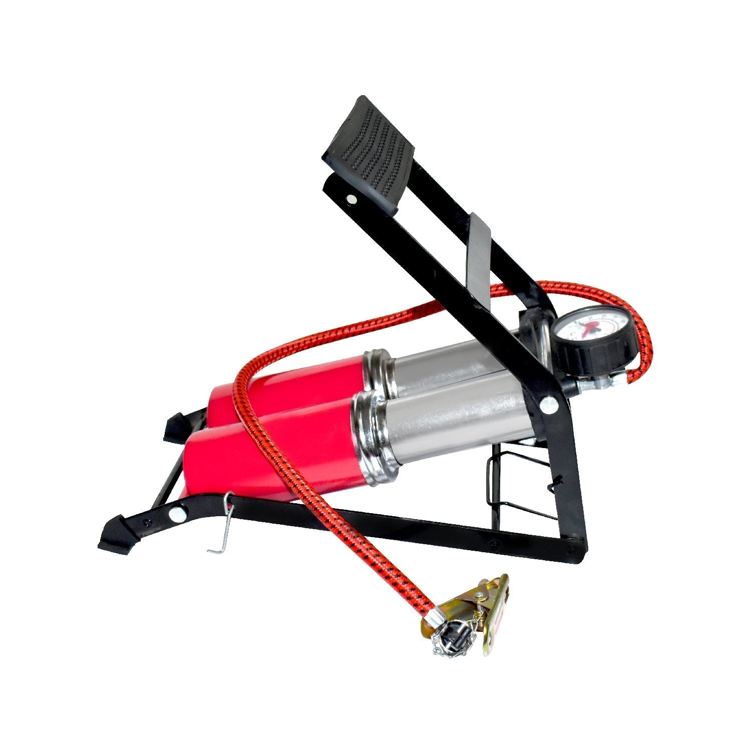 Compact foot pump with dual cylinders for efficiency