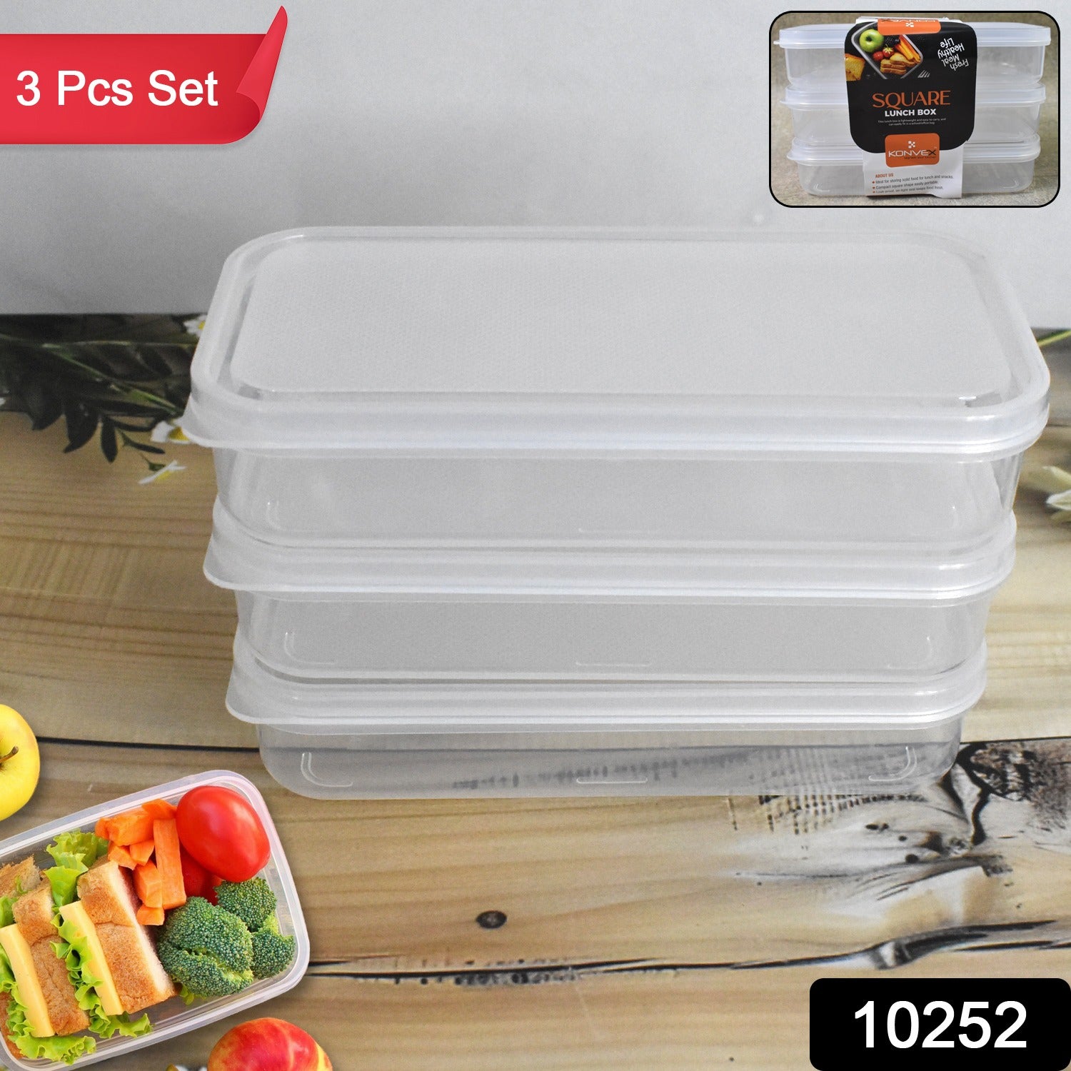 Plastic Square Lunch Box Kitchen Containers Set (3 Pcs Set) - Springkart 