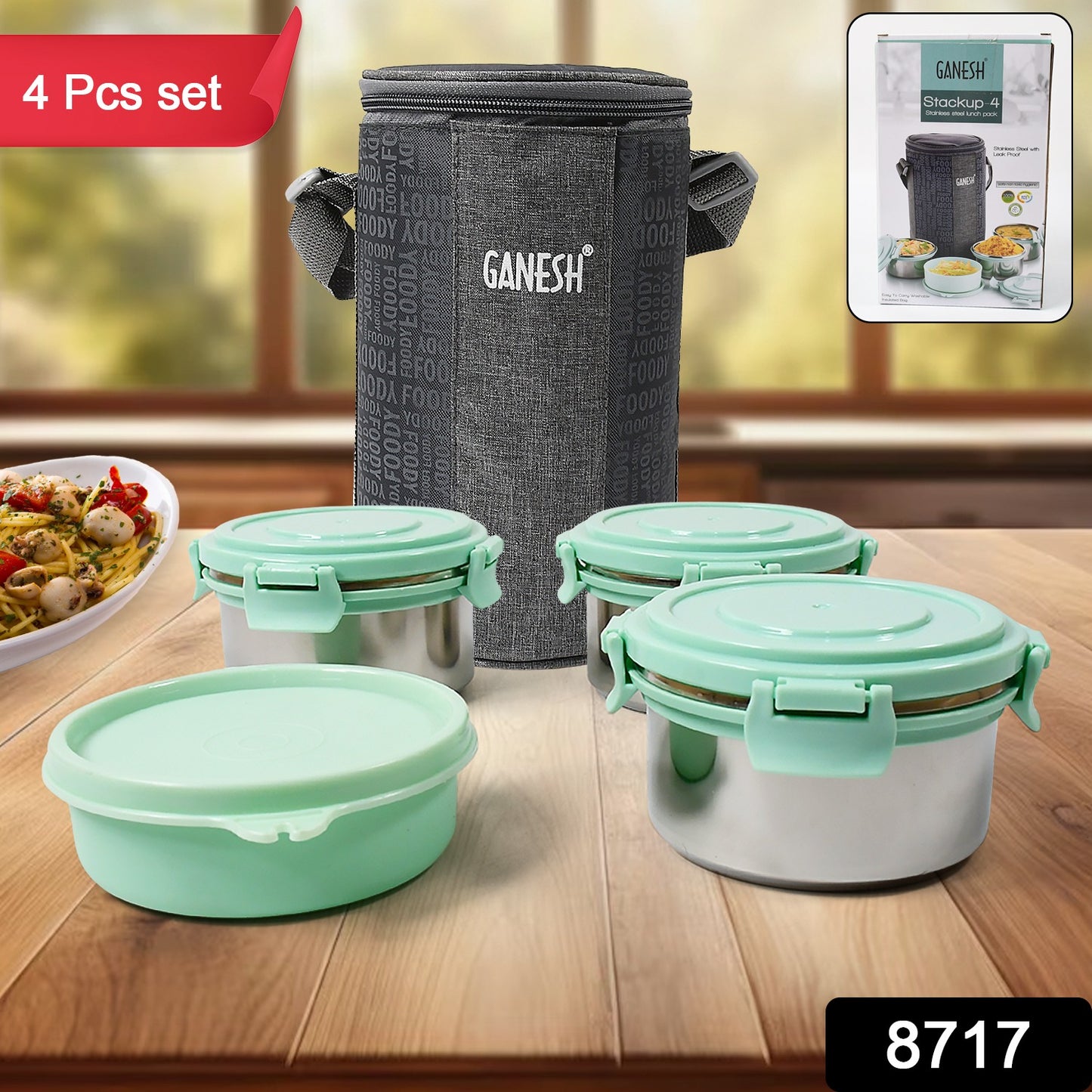 8717 4in1tiffin Box-lunch Box 3 Stainless Steel Containers 300 Ml Approx Plastic Salad Container 200 Ml Approx Plastic Lid Box Round Zip Bag Leak Proof Microwave Safefor Office College And School For Men Women - Springkart 