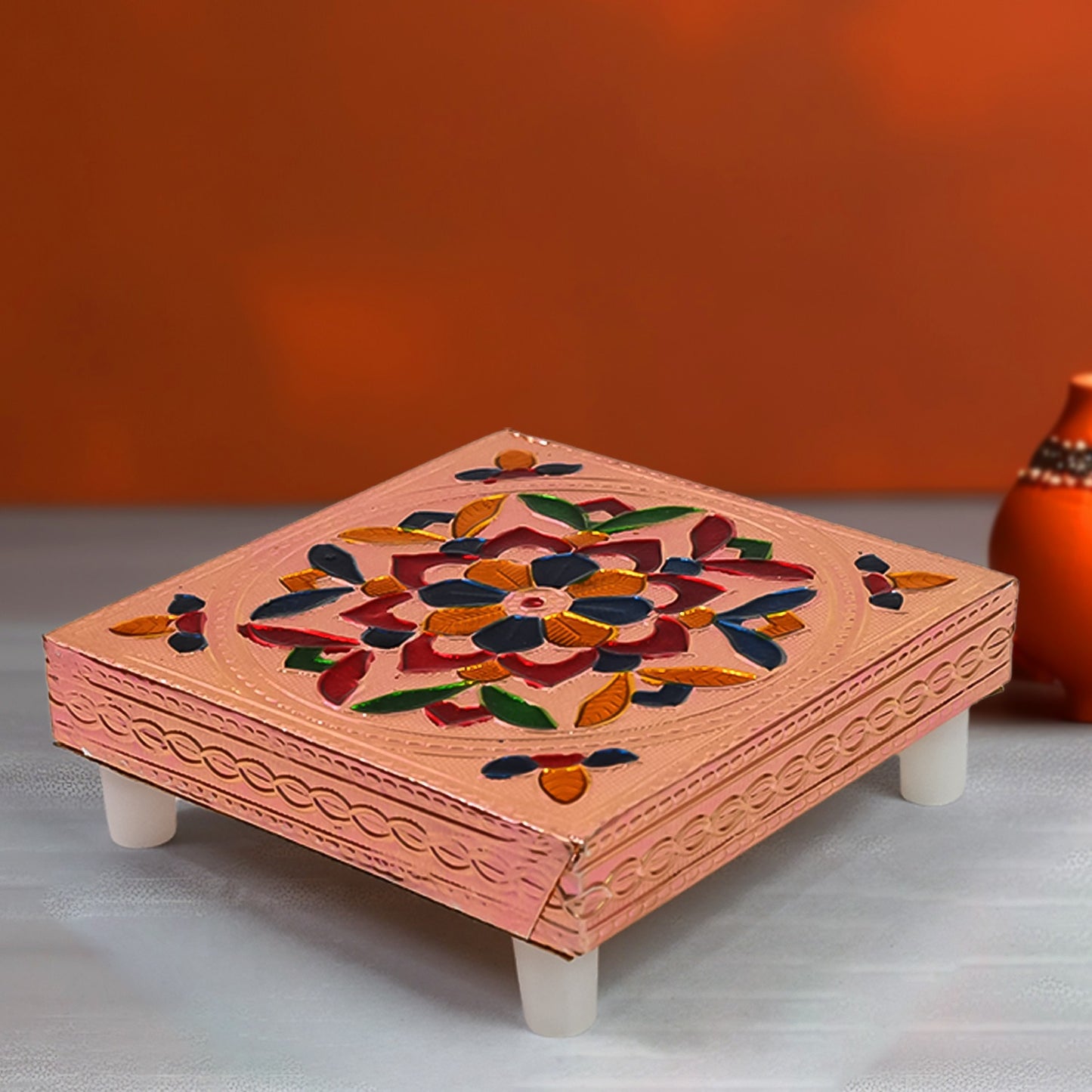 Handicraft Meenakari Wooden Chowki Puja Bajot For Home Office Decor For Puja Multicolour (1 Pc Set) - Springkart 