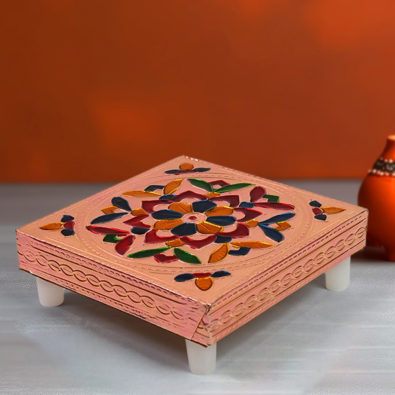 Handicraft Meenakari Wooden Chowki Puja Bajot For Home Office Decor For Puja Multicolour (1 Pc Set) - Springkart 