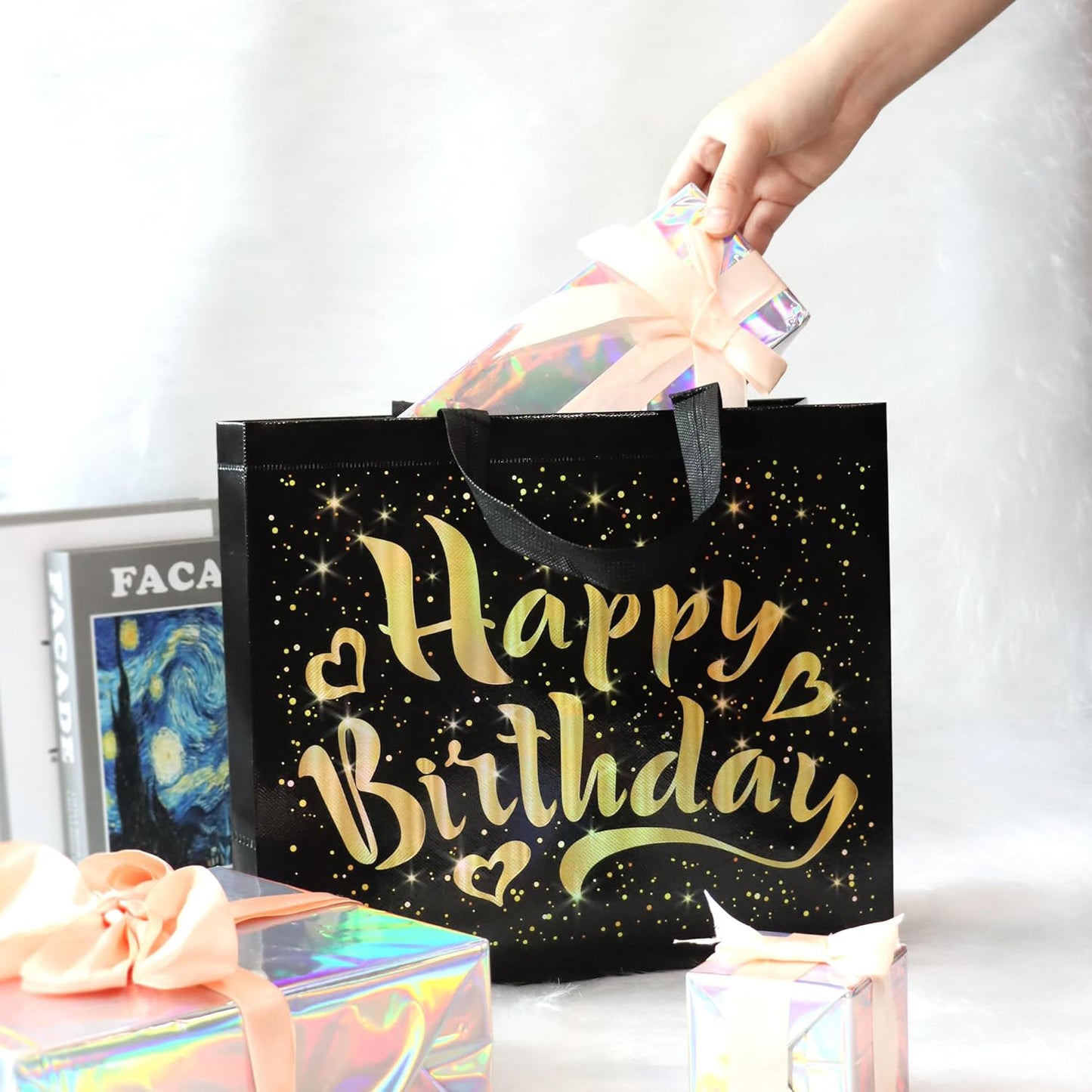 Birthday Gift Bag With Gold Shiny Stars Reusable Party Gift Bags (1 Pc) - Springkart 