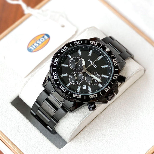 Fossil black satin dial, chronograph movement and full black metal strap