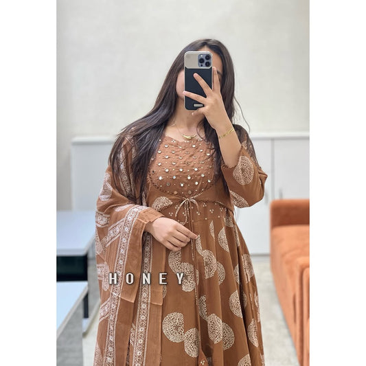 Brown Cotton Printed Anarkali with Attached Jacket Detailing with Pant