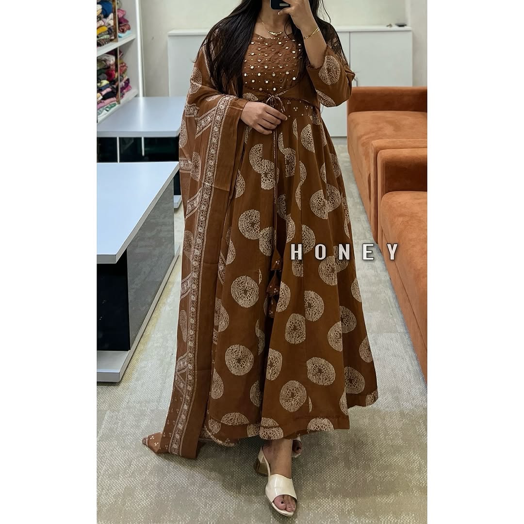 Brown Cotton Printed Anarkali with Attached Jacket Detailing with Pant