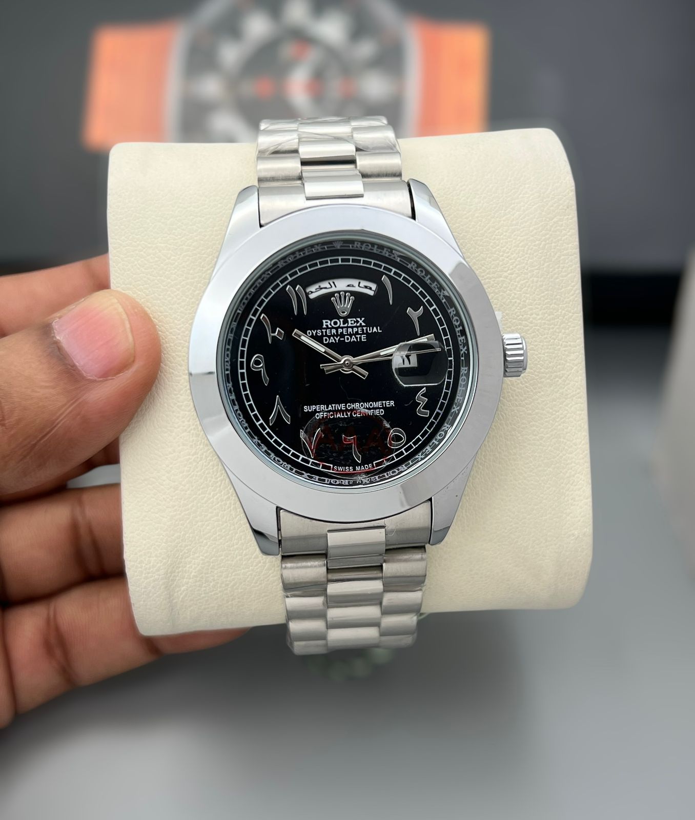 Rolex Stainles Steel Day to Day Arabi Men's Black Dial watch