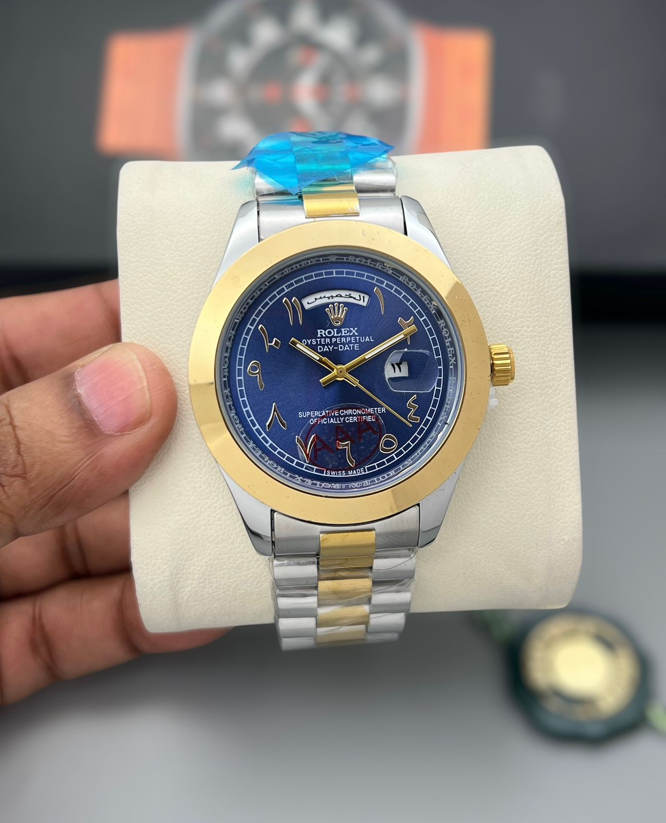 Rolex Stainless Steel Day to Day Men's Arab Number Blue Dial watch