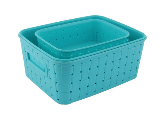 Set of 3 sky blue smart storage baskets.