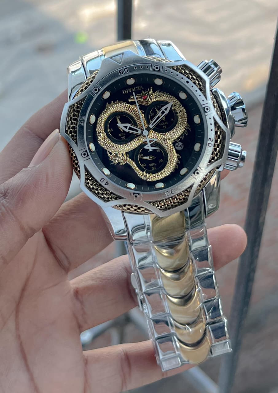 Invicta venome luxury chronograph watch, featuring a striking gold dial with a detailed snake design,
