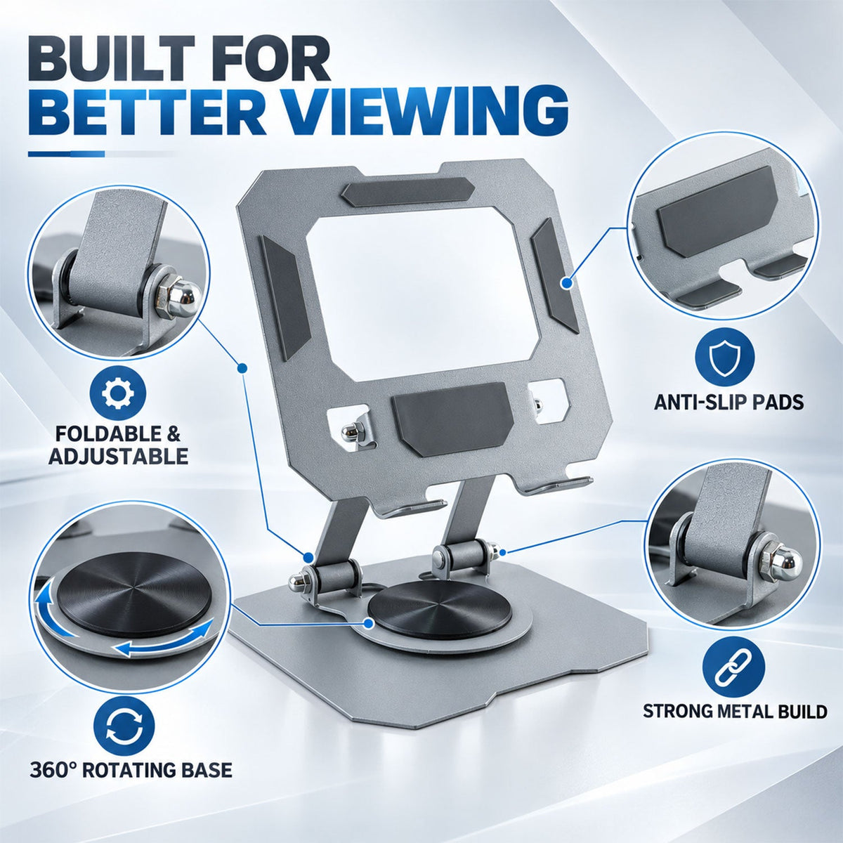 Foldable Metal Phone And Tablet Stand With Rotating Base (1 Pc)
