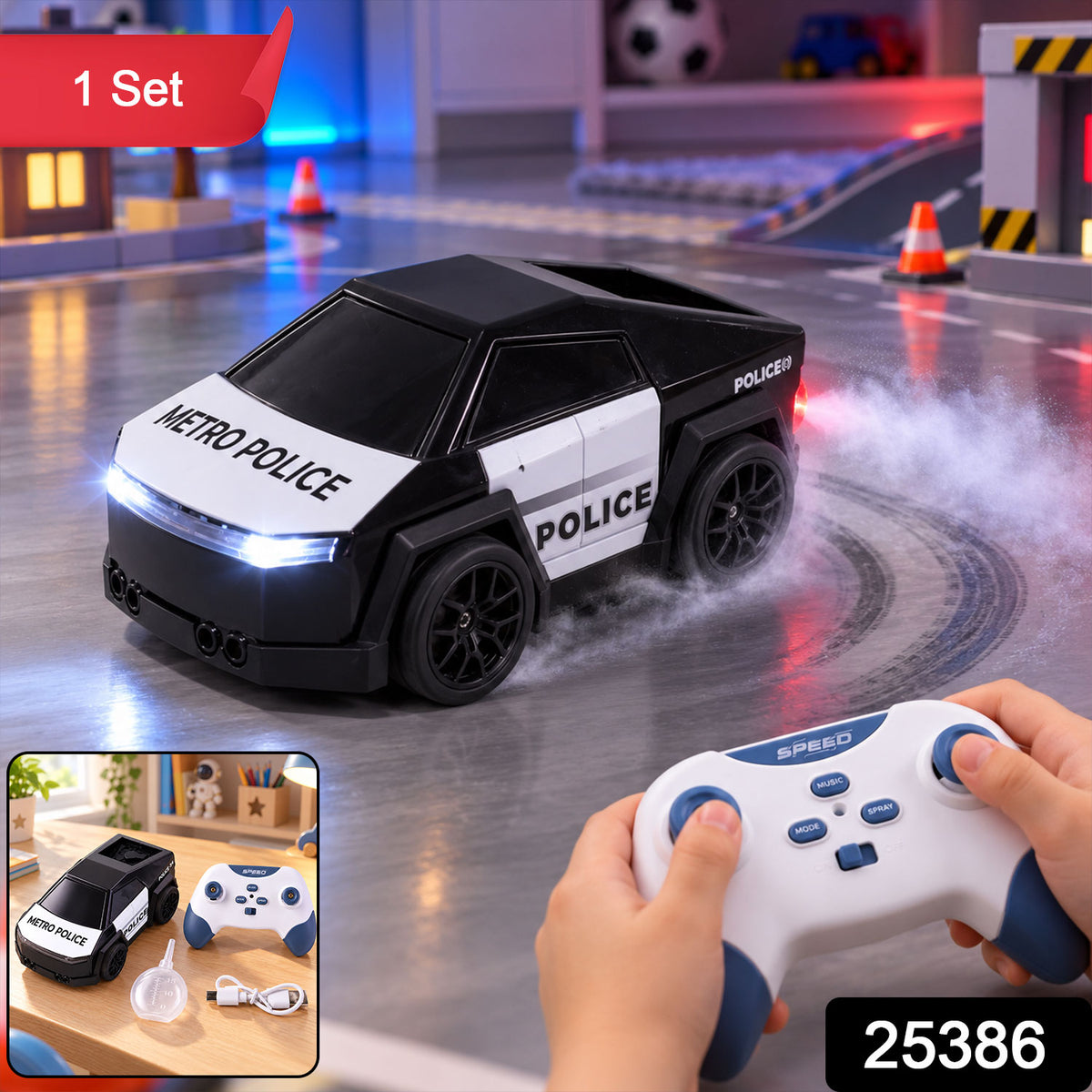 Remote Control Police Drift Car With Follow Modemist Spraylights And Music Set