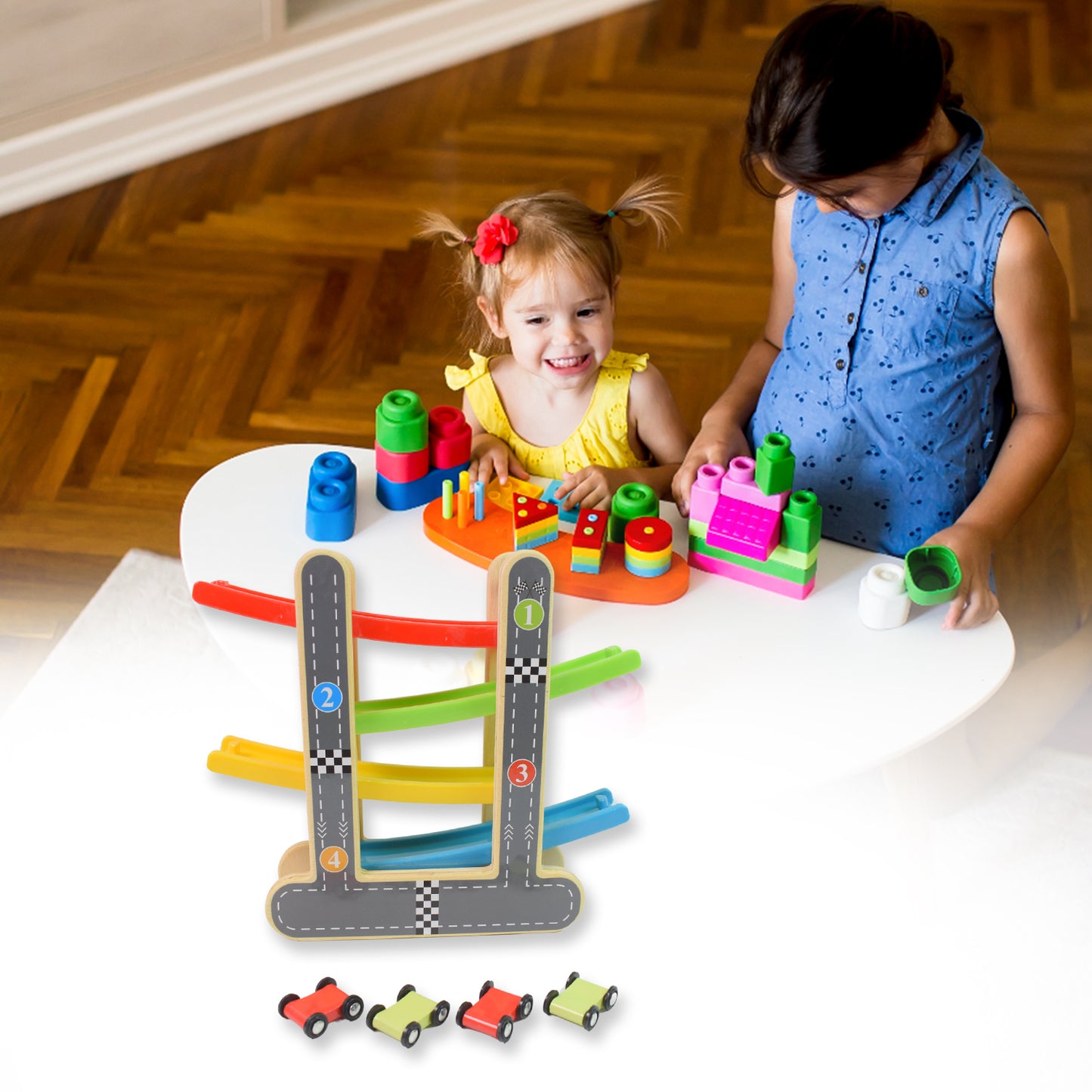 Car Racer Track Play Set Wooden Click Clack Toys With 4 Mini Racers (1 Set) - Springkart 