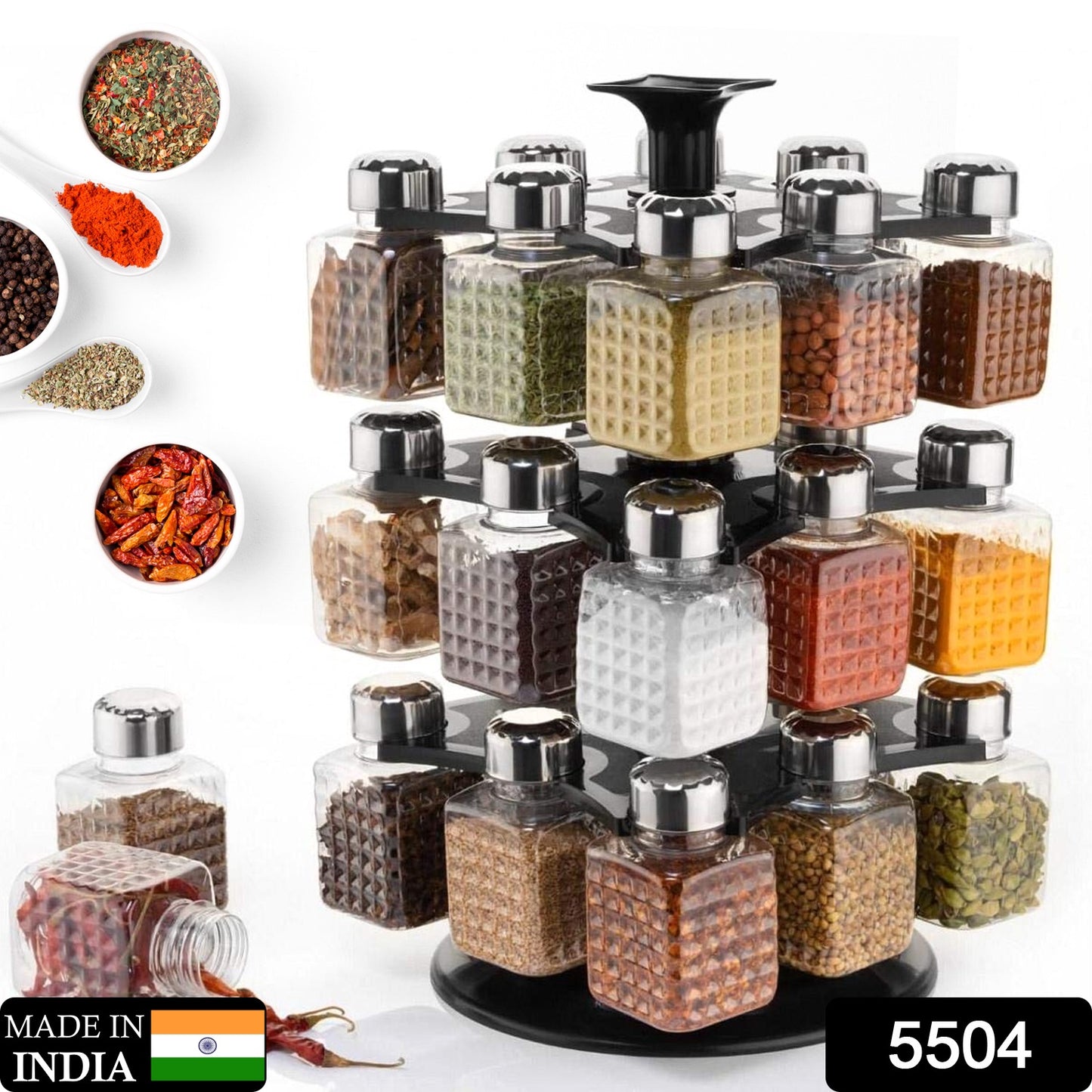 5504 All New Square 24 Bottle Design 360 Degree Revolving Spice Rack Container Condiment Pieces Set Square Small Container - Springkart 