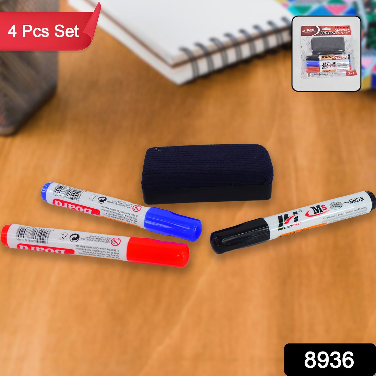 Whiteboard Marker Set (Blue Black Red) With Board Duster - Pack Of 4 - Springkart 