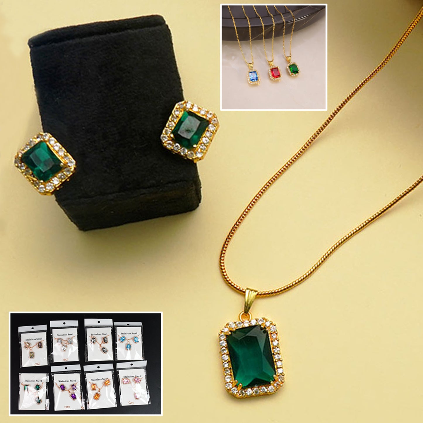 Stone Pendant Necklace Chain Set With Earrings (1 Set Mix Color Design) - Springkart 