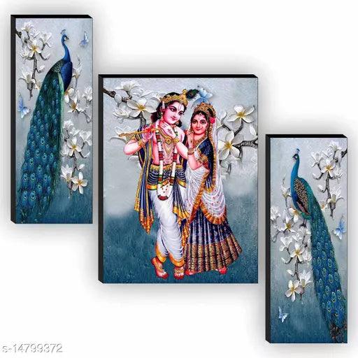 SAF Set of 3 Radha Krishna with Couple Peacock UV Textured Home Decorative Gift Item Self Adeshive Painting 12 inch x 18 inch - Springkart 