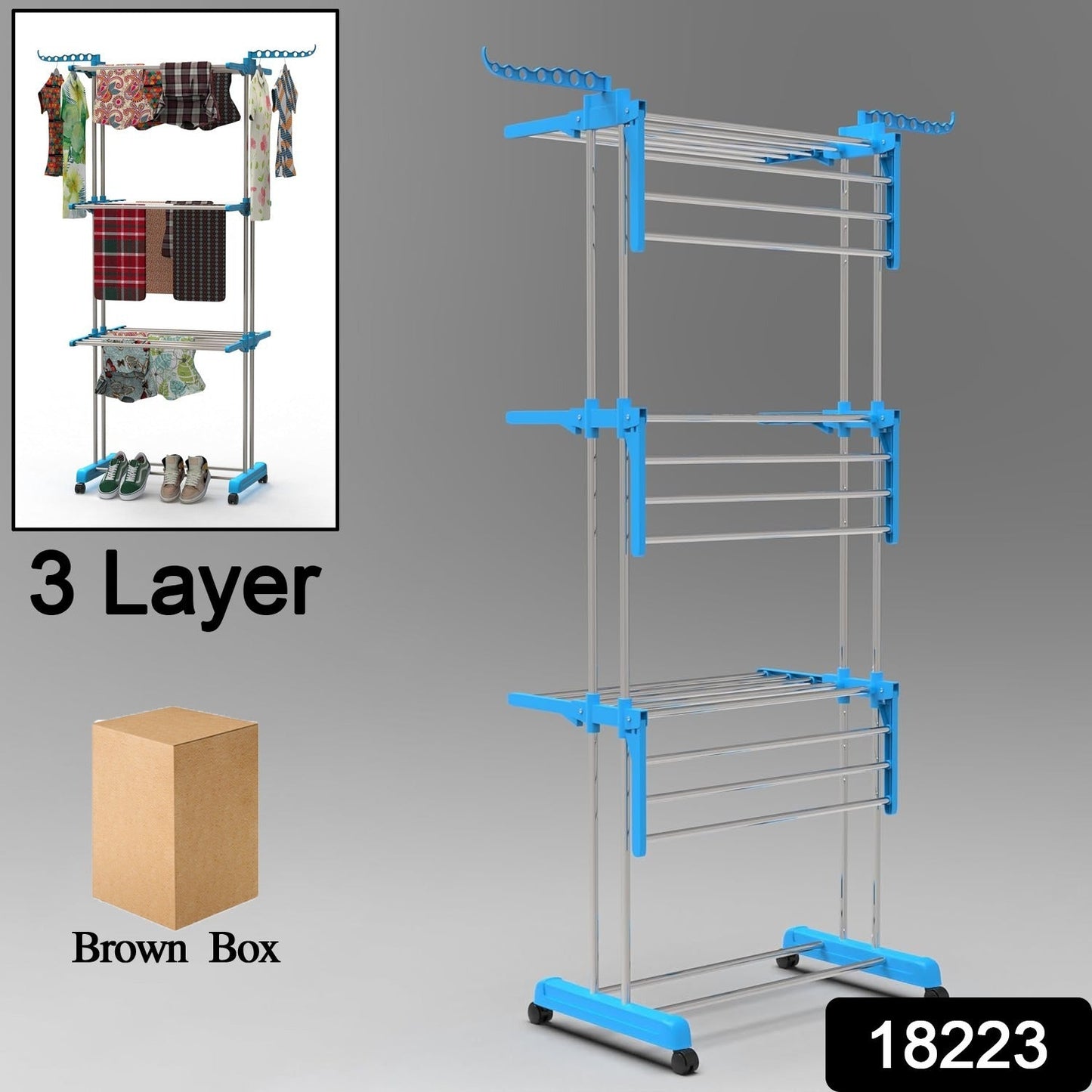 Premium Heavy Duty Stainless Steel 3 Layer Foldable Cloth Drying Stand (1 Set / With Brown Box) - Springkart 