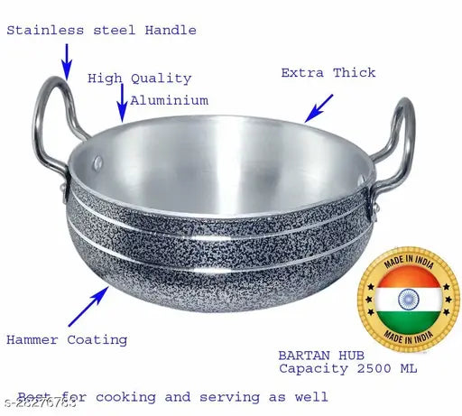 Bartan Hub  Cook and Serve Kitchen Handi With Lid (2500 ml , Aluminium Made with Hammer Coating) Kadhai 23 cm with Lid  (Aluminium)