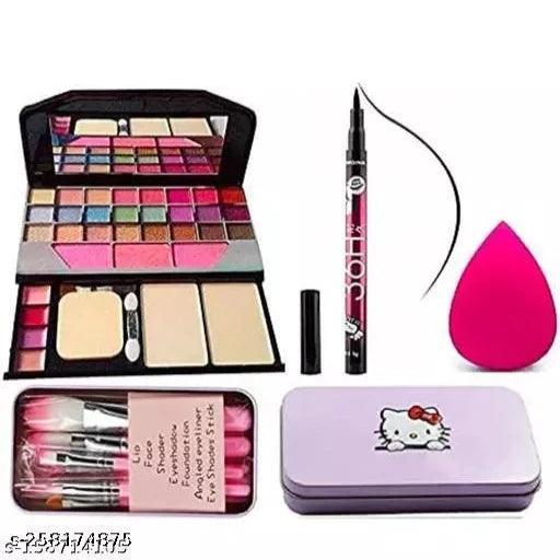 Multicolour Makeup Kit and 7 Pink Makeup Brushes Set, 36H Waterproof Eyeliner with Beauty Blender Puff - Springkart 