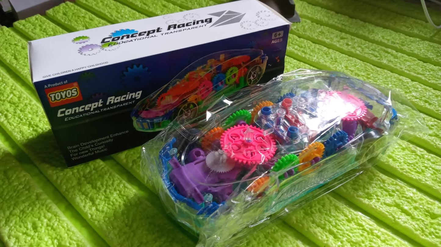 Automatic 360 Degree Rotating Transparent Gear Concept Car with Musical and 3D Flashing Lights Toy for Kids Boys & Girls (Multicolor / Battery Not Included) - Springkart 