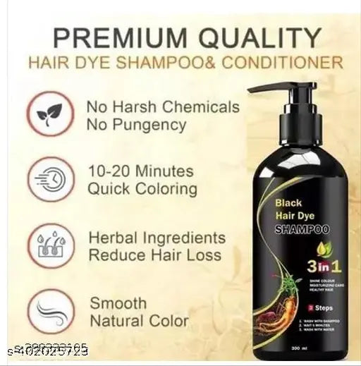 Black Hair Dye Shampoo 3 in 1, Hair Color Shampoo for Women & Men 300ml