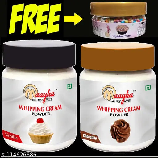 Maayka Premium Whipping Cream Powder | Vanilla & Chocolate Flavor (Pack of 2) Frosting, Icing & Decorations & Free Red Balls (Sprinkles)