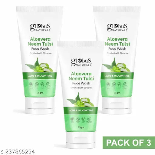 Globus Aloe Vera Neem Tulsi Acne Control Face Wash, Each 75 gm (PACK OF 3)