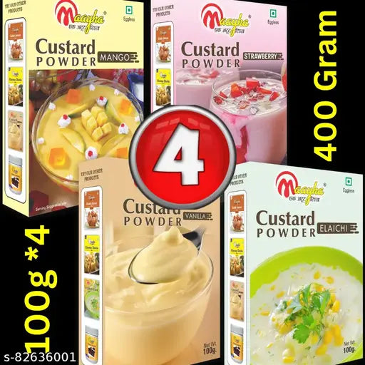 Maayka | Premium Custard Powder - Vanilla  Strawberry Mango Elaichi Flavor 100gram each total 400 gram