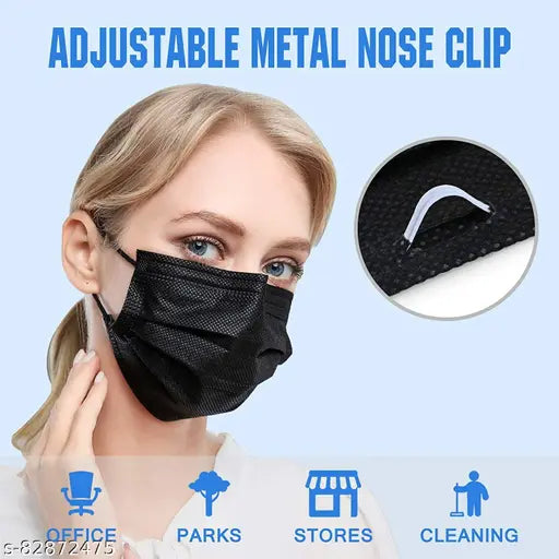 3 Ply Disposable Surgical Face Masks with Nose Clip | Use & Throw Black Mask - PACK OF 50