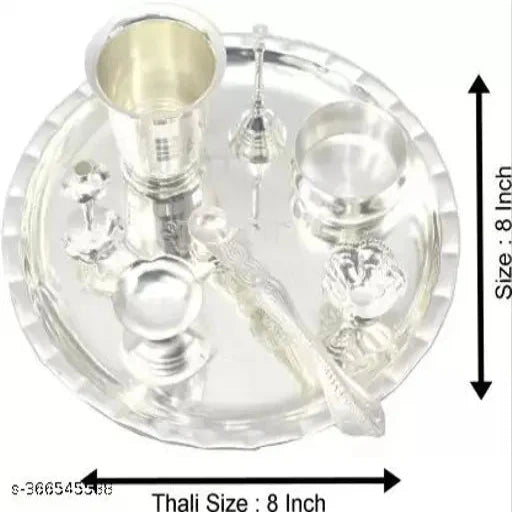 Silver Plated Pooja thali Set 8 Inch Ethnic Puja Thali Wedding Return Gift Items Silver Plated (Silver)