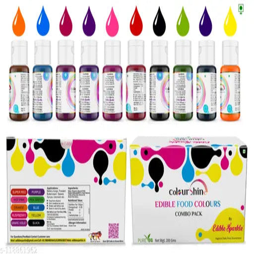 Edible Sparkle Colourshine Food Colouring Set of 10 Vibrant Liquid Food Colours | Premium Food Colour for Baking, Cake Decorating | Food Colours-Pea Green,Blue,Super Red,Raspberry,Hot Pink,Yellow,Orange,Grape Violet,Purple,Black| Each 20ml