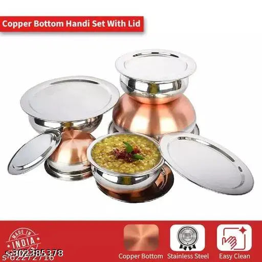 SILVER & COPPER SIZE: 0.500 LTR, 1LTR, 1.200LTR, 2LTR, 2.000 LTR 5 Pieces Copper Bottom HANDI Set/Cookware Set of 5 Pieces With lid Cooking Serving Bowl biryani Milk Pot.(LIFE TIME )