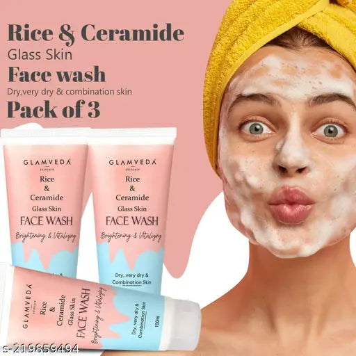 Glamveda Rice & Ceramide Korean Glass Skin Face Wash | Brightening & Clarifying |Dry Skin Types | No Paraben, SLS | 100ml ( Pack of 3 )
