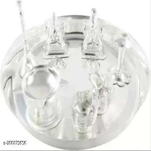 7 Inch Traditional Pooja Thali Set Silver Plated (7 Pieces, German Silver)  Diwali Gift