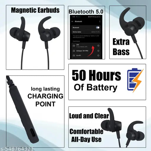 BT-235 Black Bluetooth Neckband With Free 3in1 Cable Wireless Neckband Clears Sound Quality With Powerful Bass 20HR Battery Type C Charge Magnetic Lock Metal Look &  Awesome Mic Sound Big Battery Type-C Fast Charge