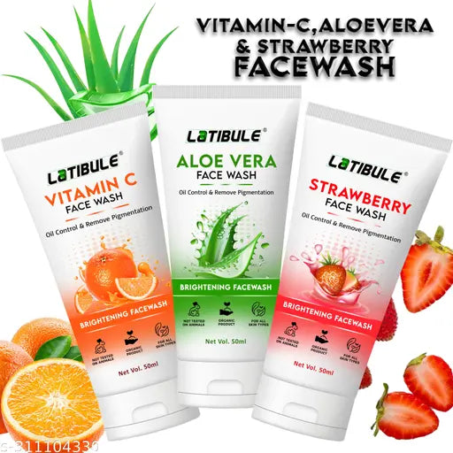 Vitamin C,Aloe Vera & Strawberry Skin Whitening Brightening Facewash, Tan Removal Face wash (150ML) Combo