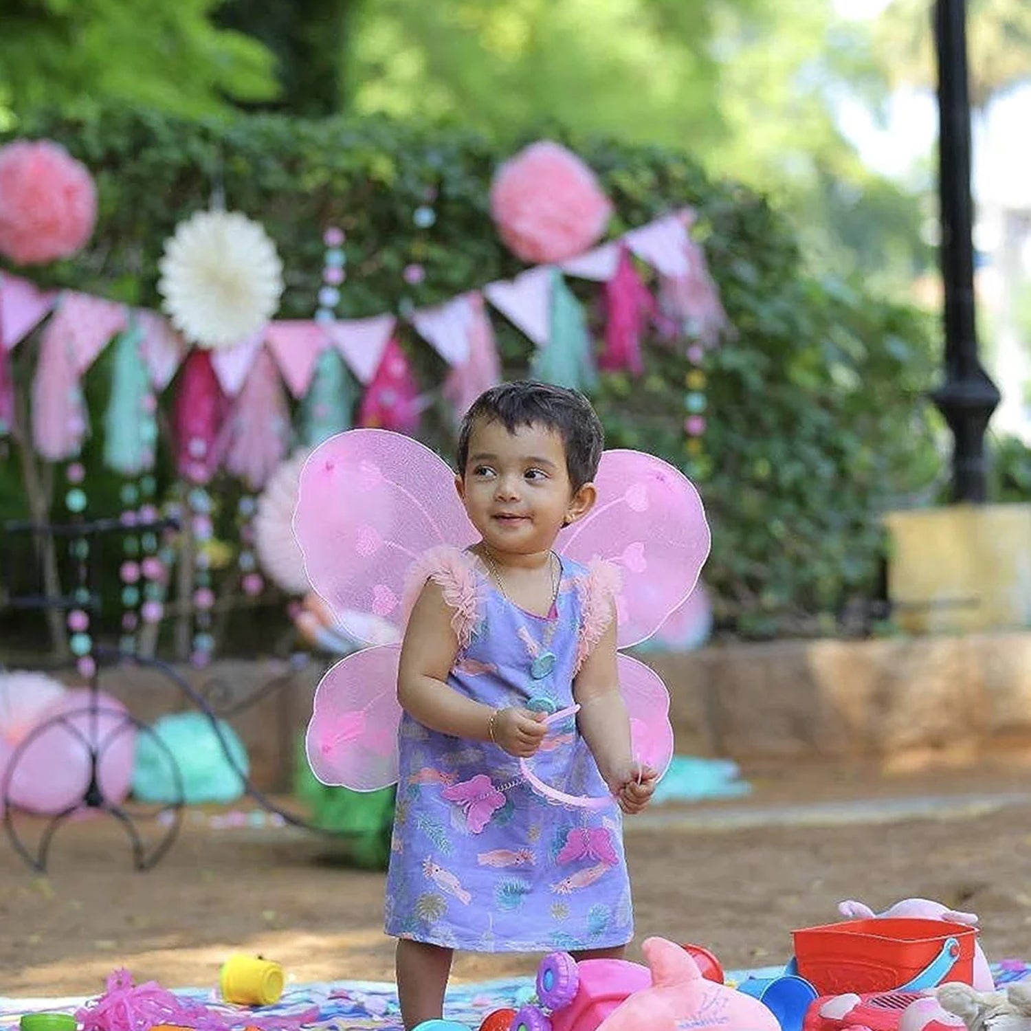 3293 Baby Girls Fairy Nylon Butterfly Wings Costume Butterfly Fairy Angel Wing Wand And Hairband Multi- Color For Party (1pc) - Springkart 
