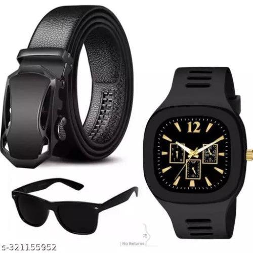 Trendy Fashionable Adjustable Automatic Buckle Black Men Belt with stylish black miller and super looking wayfarer sunglasses - Springkart 